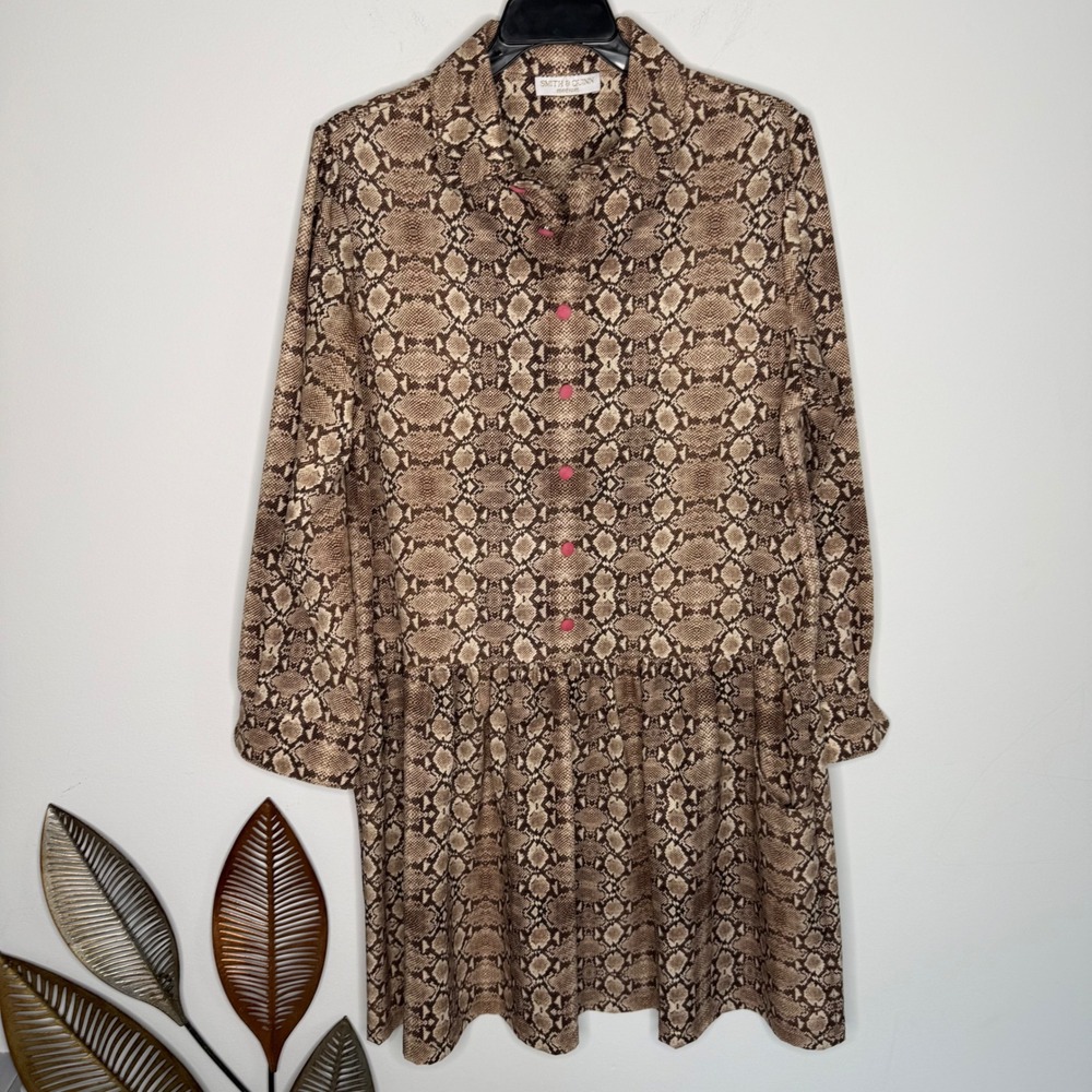 Smith & Quinn Snakeskin Print Button Down Mini Dress Brown Pink Accents M Pocket